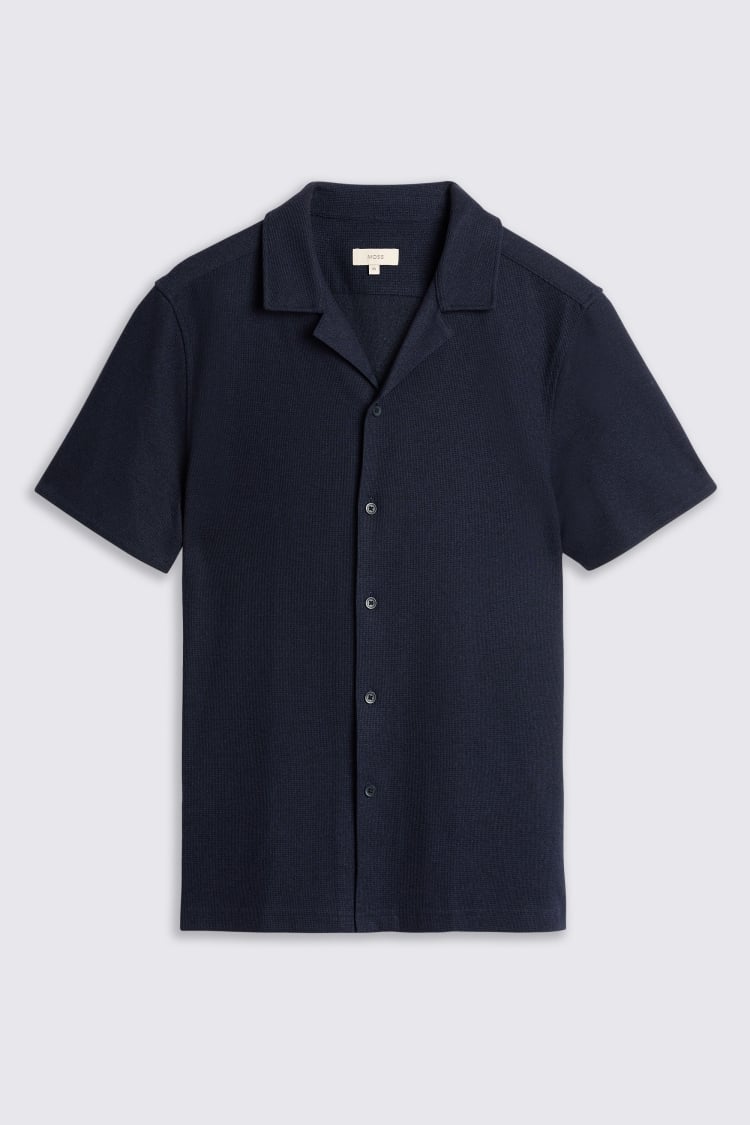 Navy Knitted Cuban Collar Shirt