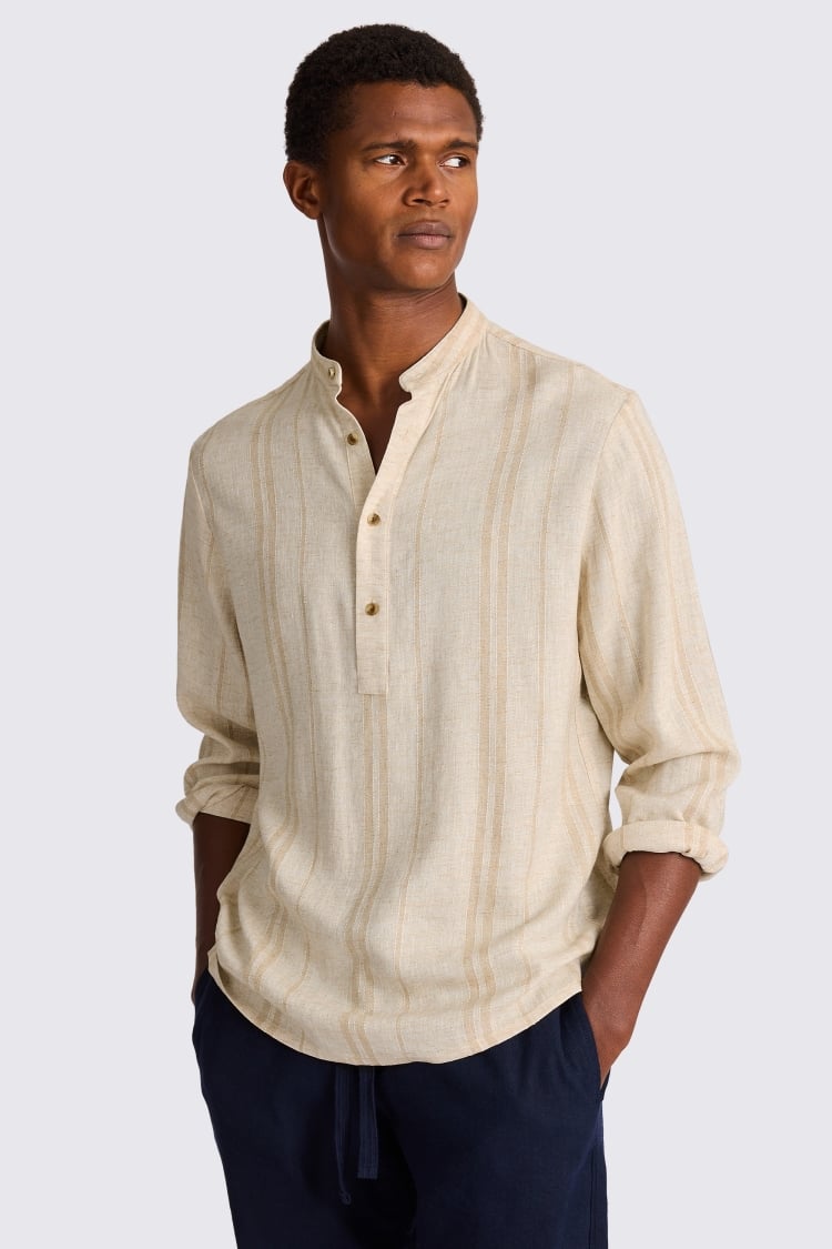 Grandad Popover Linen Wide Stripe Shirt