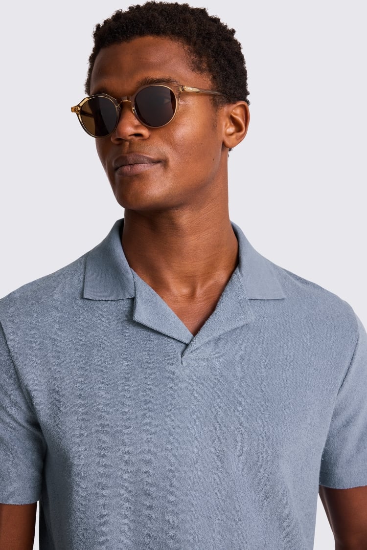 Steel Blue Terry Towelling Skipper Polo | Buy Online at Moss Steel Blue Terry Towelling Skipper Polo | Buy Online at Moss