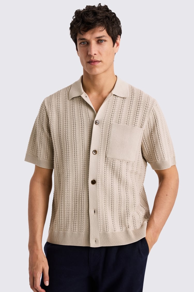 Short Sleeve Neutral Chevron Pointelle Knitted Shirt