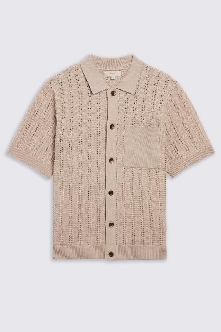 Short Sleeve Neutral Chevron Pointelle Knitted Shirt