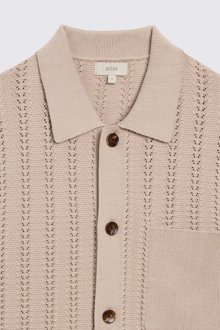 Short Sleeve Neutral Chevron Pointelle Knitted Shirt