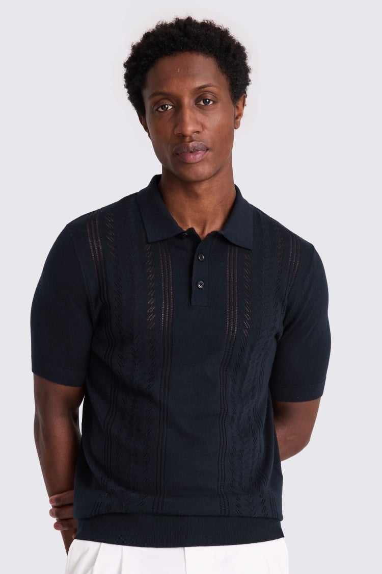 Navy 3 Button Pointelle Polo Shirt