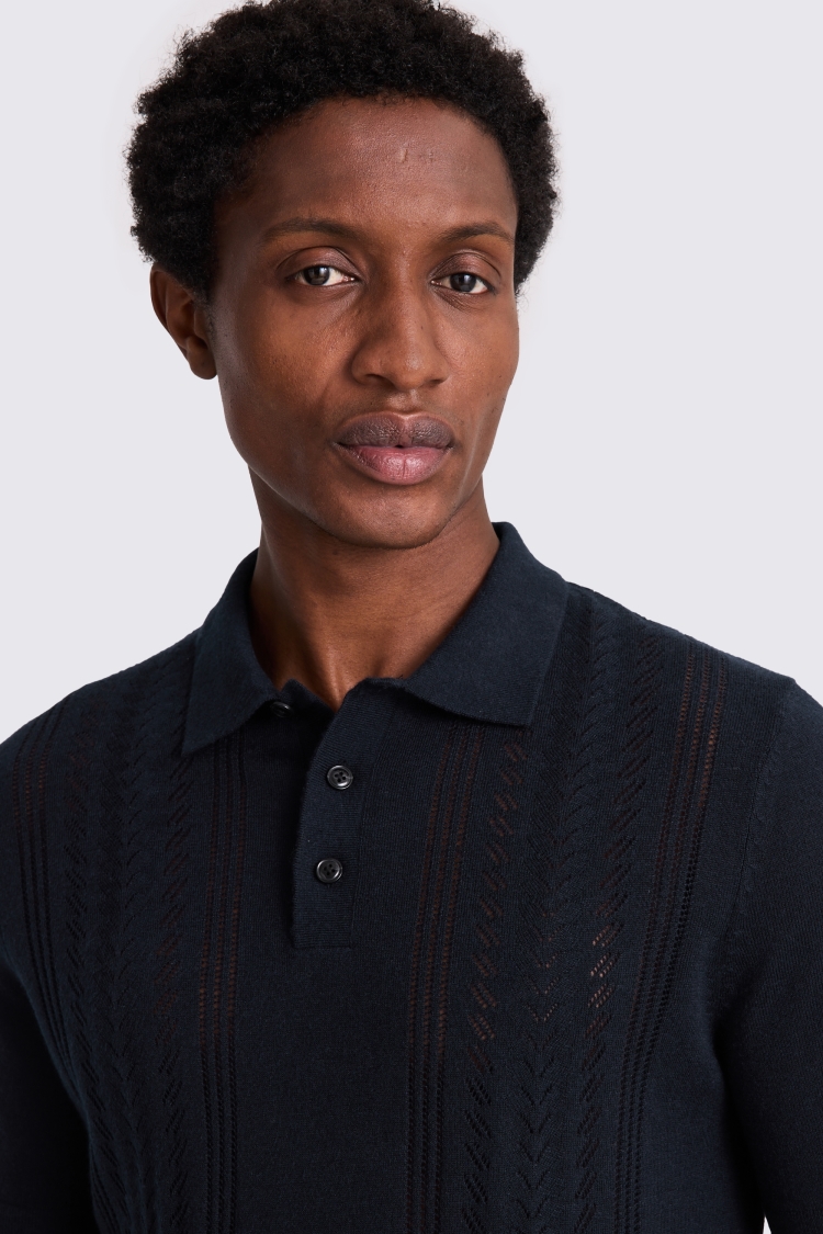 Navy 3 Button Pointelle Polo Shirt