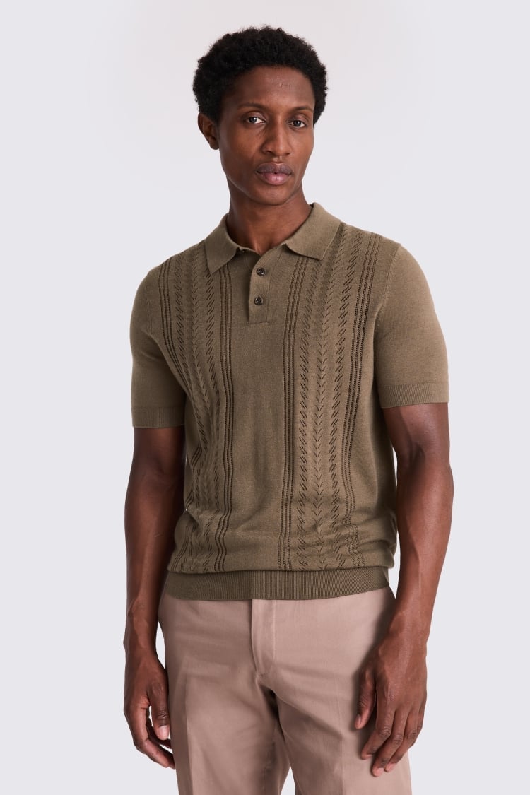 Light Brown 3 Button Pointelle Polo Shirt