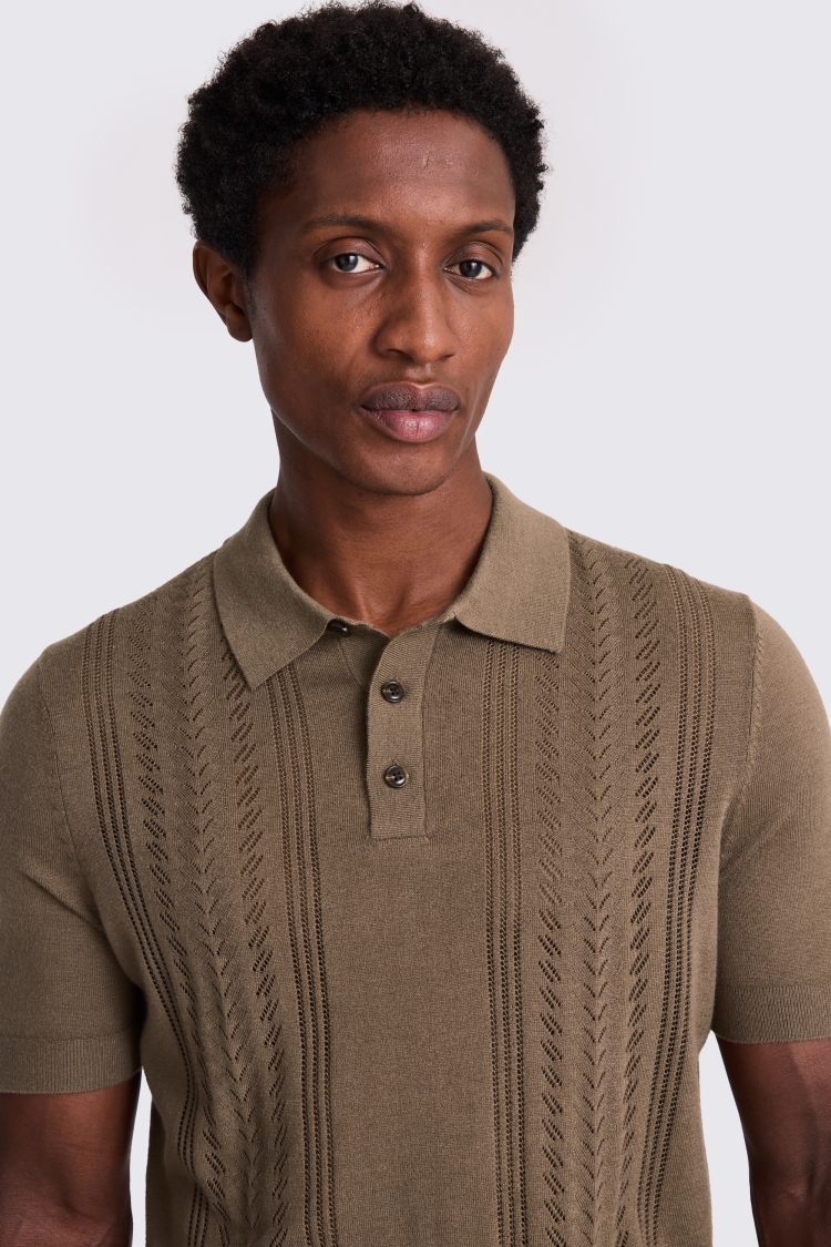 Light Brown 3 Button Pointelle Polo Shirt