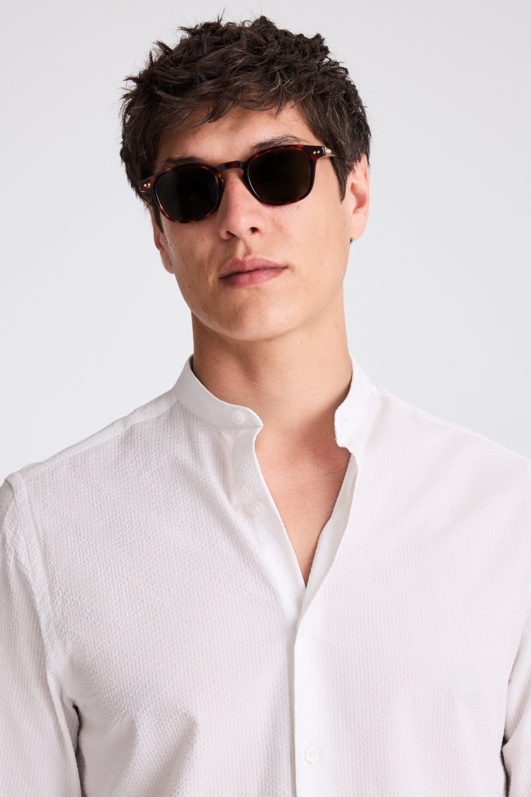 White Seersucker Grandad Collar Shirt