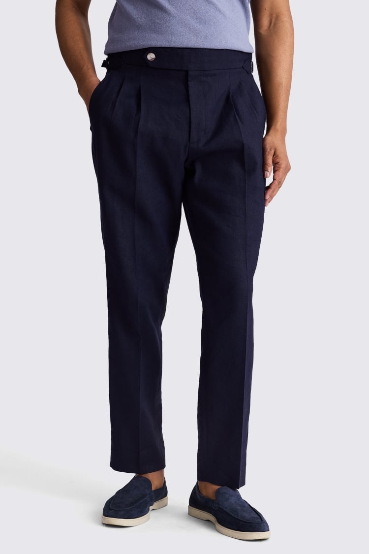 Navy Linen Pleated Trousers