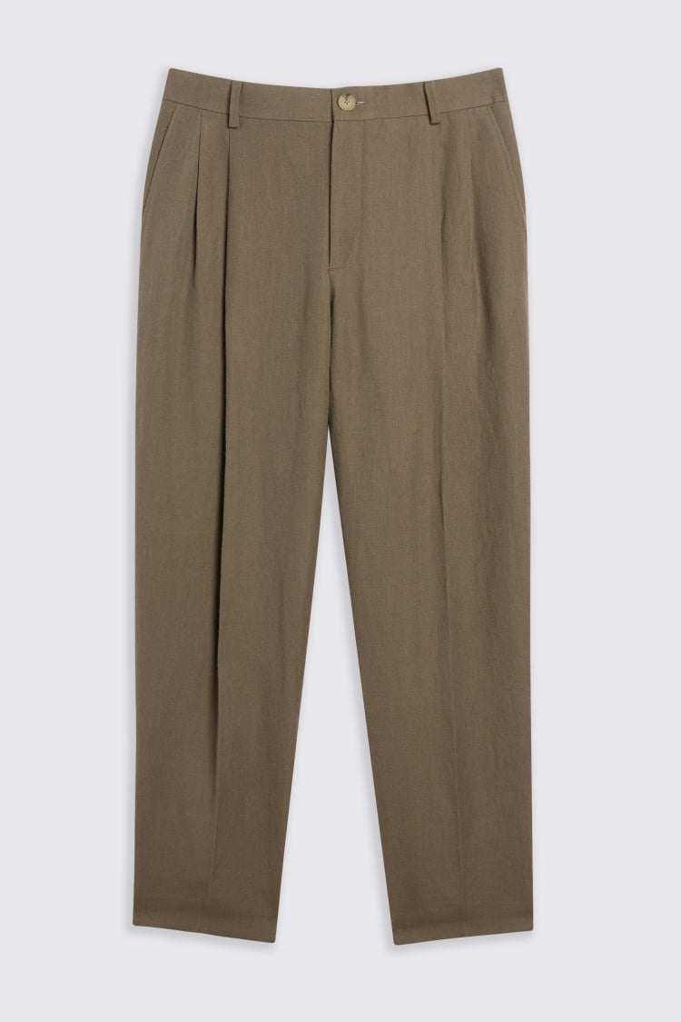 Khaki Wool Linen Wide Leg Trousers