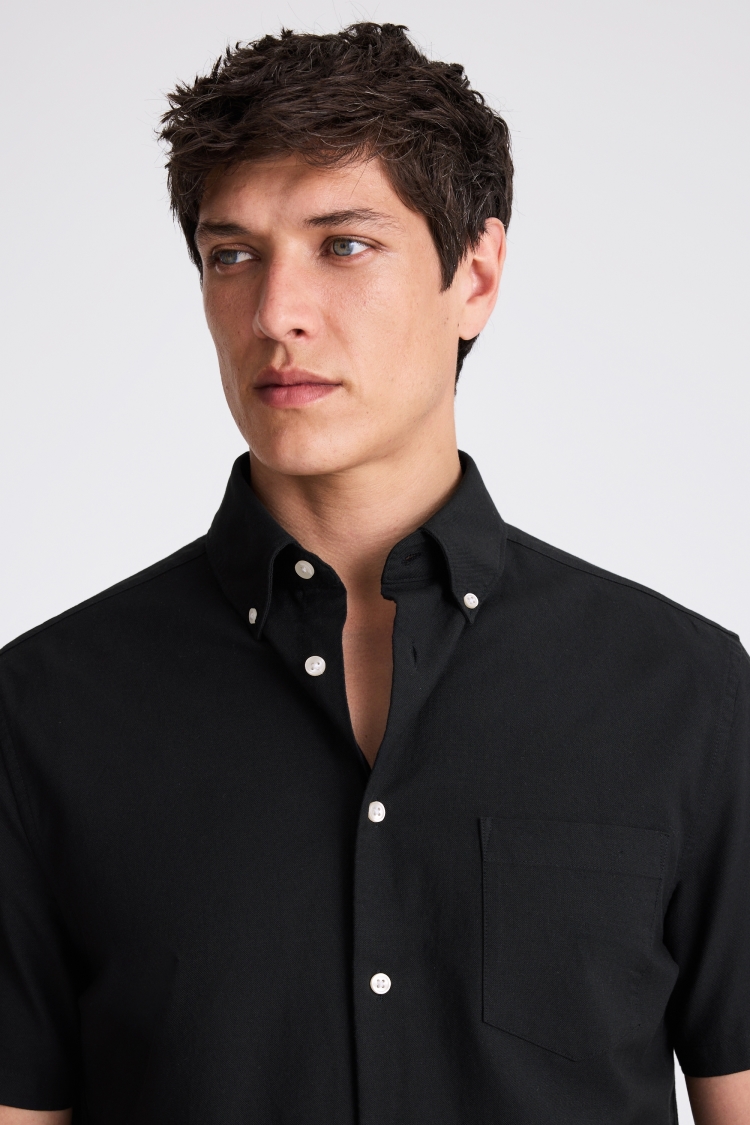 Black Short Sleeve Washed Oxford Shirt