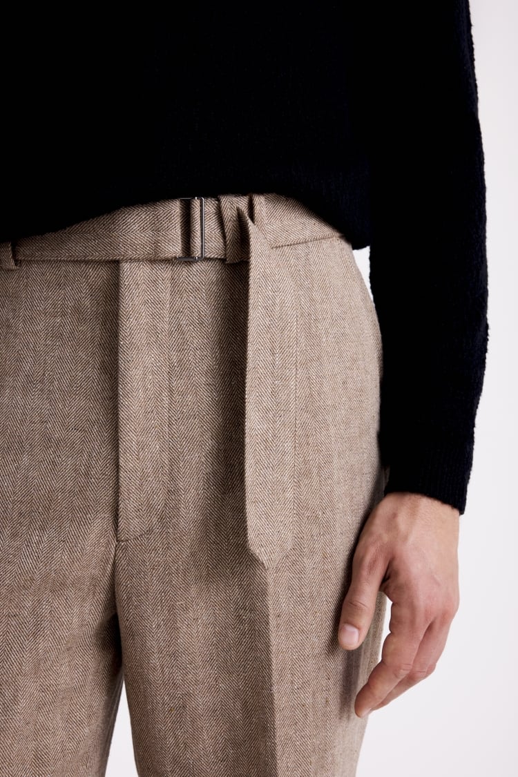 Brown Herringbone Self Belt Pants
