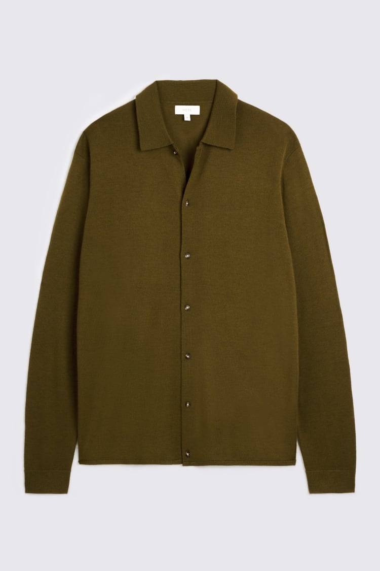 Olive Melange Merino-Blend Button Through Shirt
