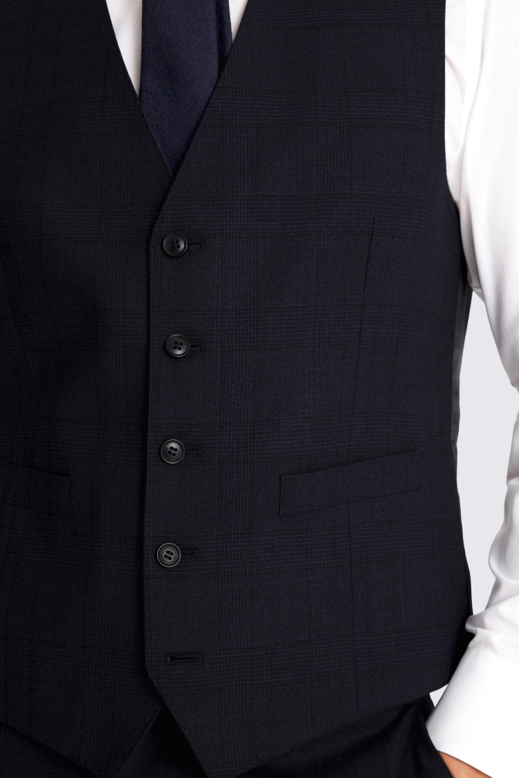 Regular Half Canvas Fit Navy Check Waistcoat