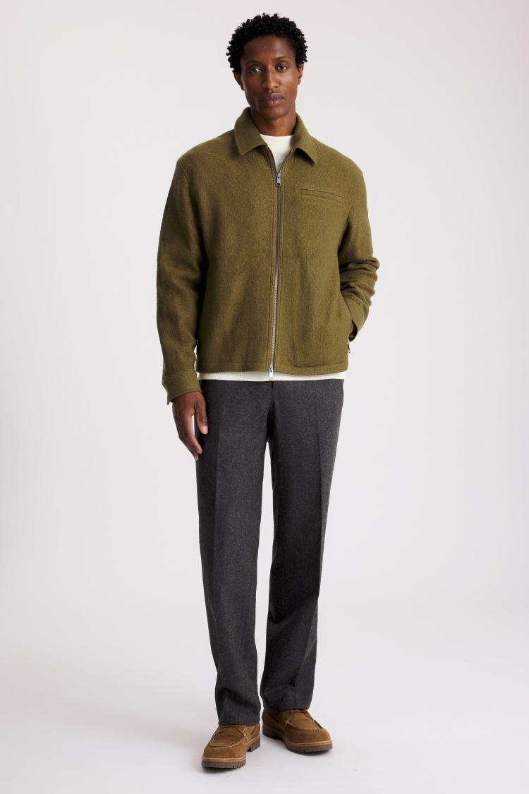 Olive Boiled Wool Zip Overshirt