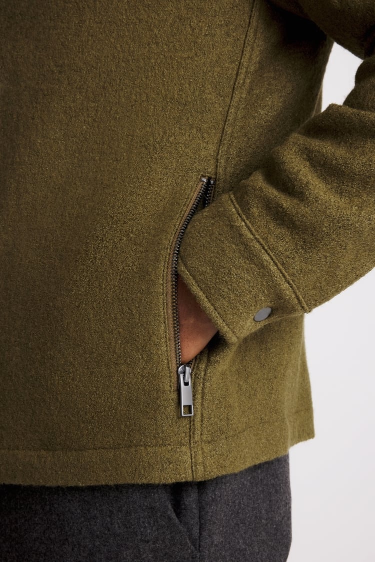 Olive Boiled Wool Zip Overshirt