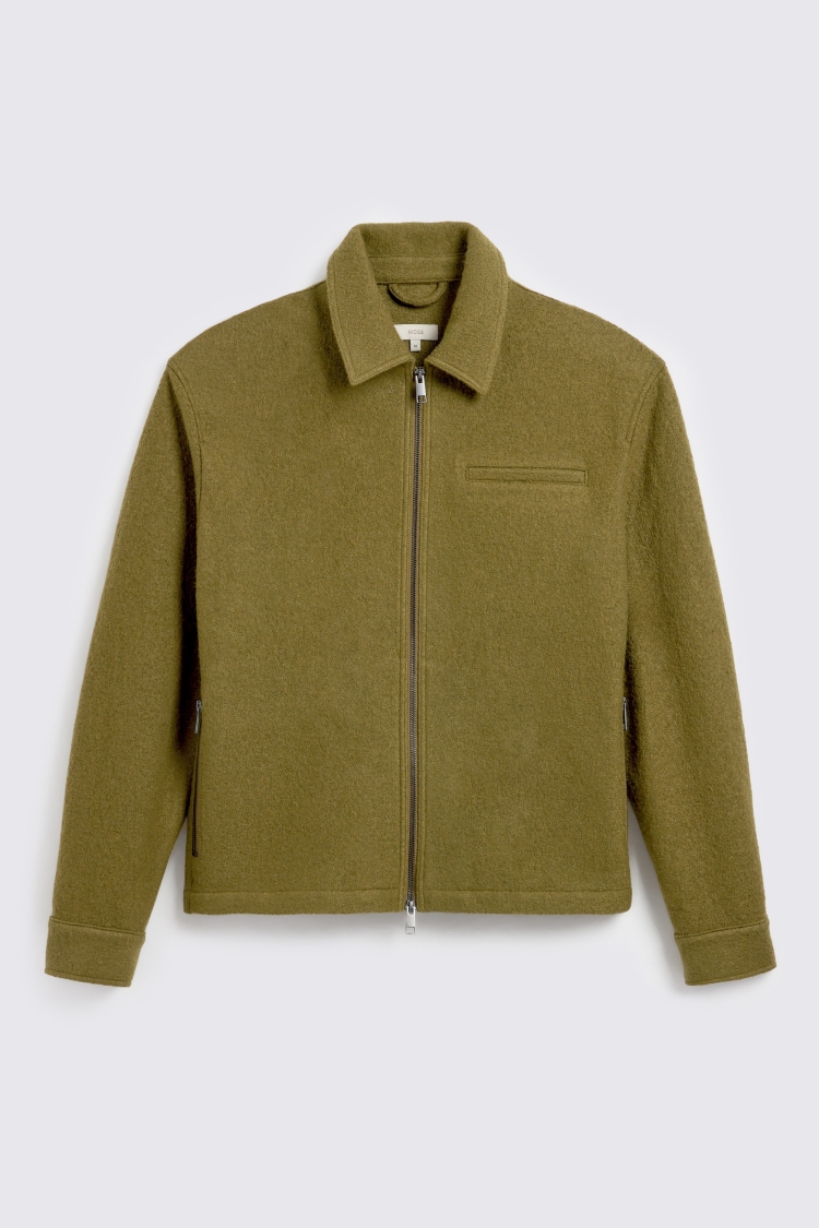 Olive Boiled Wool Zip Overshirt