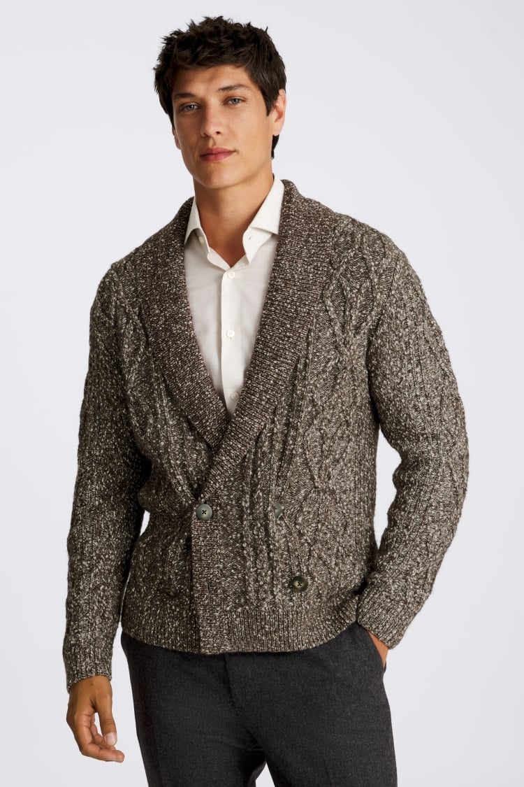 Brown Textured Shawl Collar Cardigan