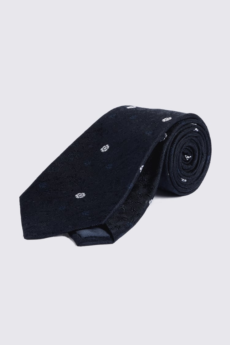 Navy Silk White Floral Tie
