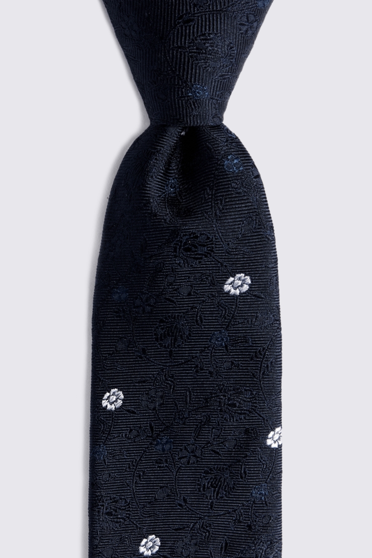 Navy Silk White Floral Tie