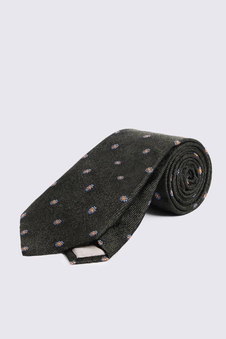 Dark Green Silk Orange Floral Tie