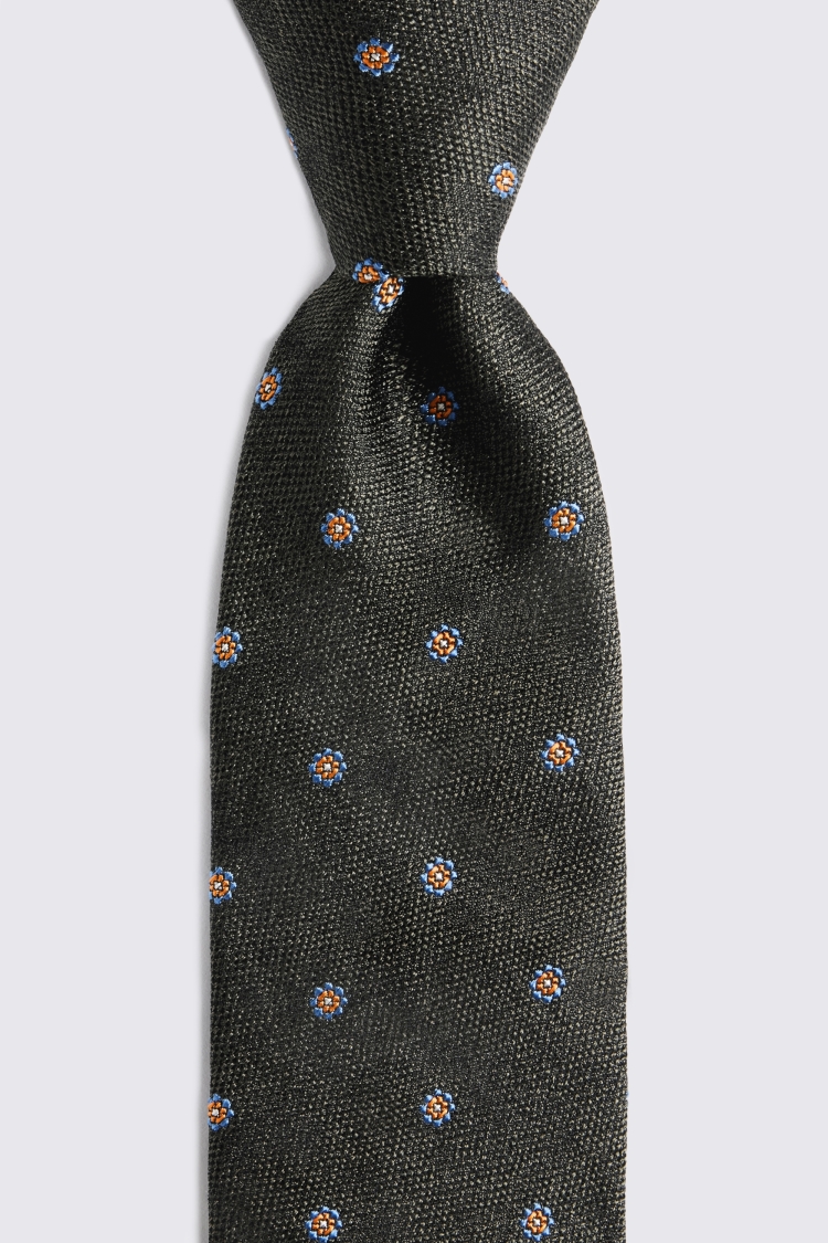 Dark Green Silk Orange Floral Tie