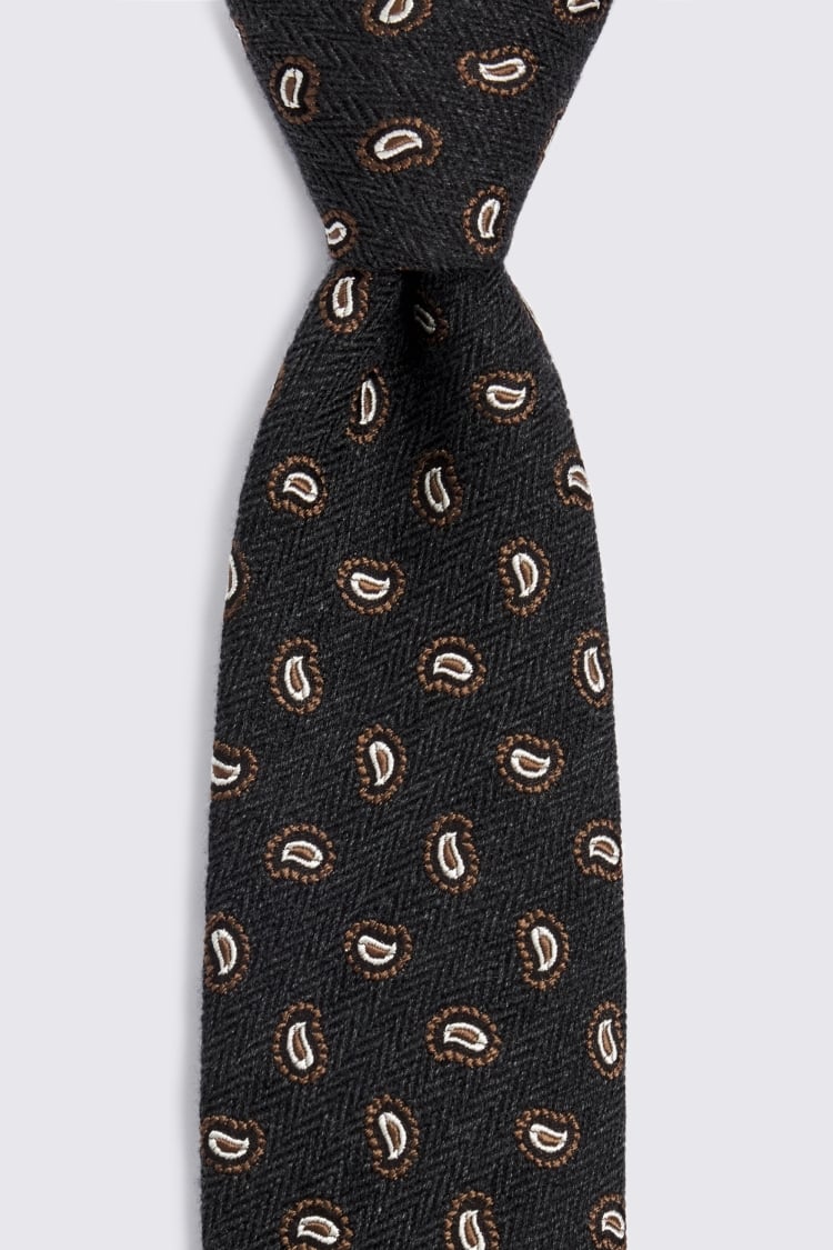Italian Charcoal Herringbone Paisley Tie
