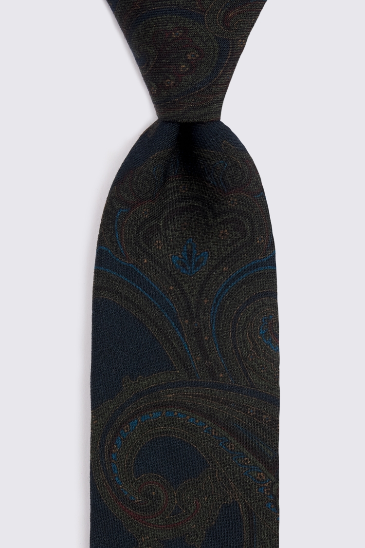 Italian Dark Blue & Green Wool Paisley Tie