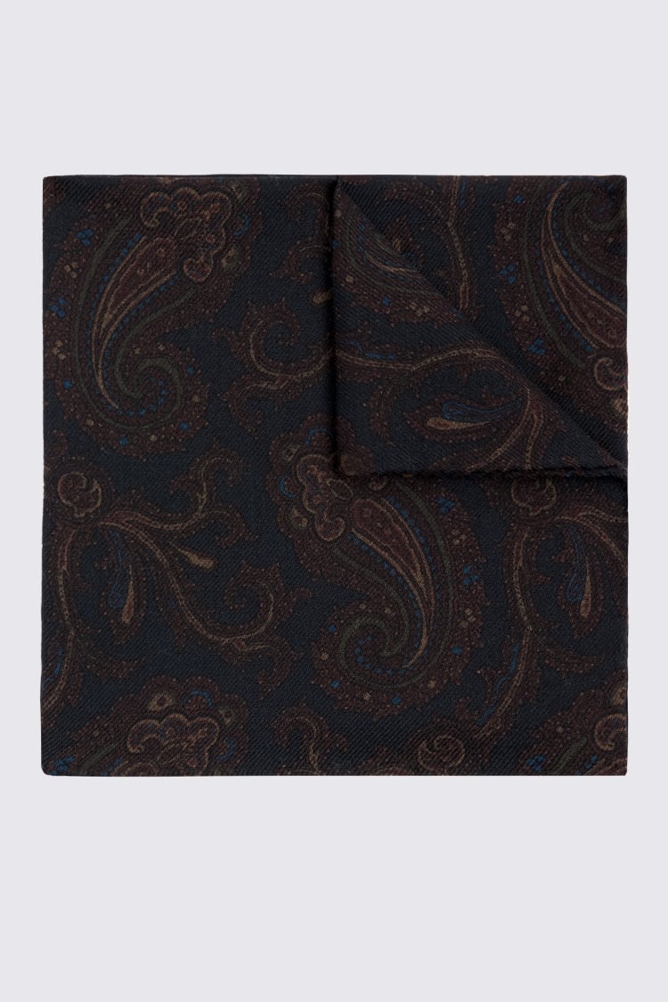 Italian Navy & Brown Wool Paisley Pocket Square