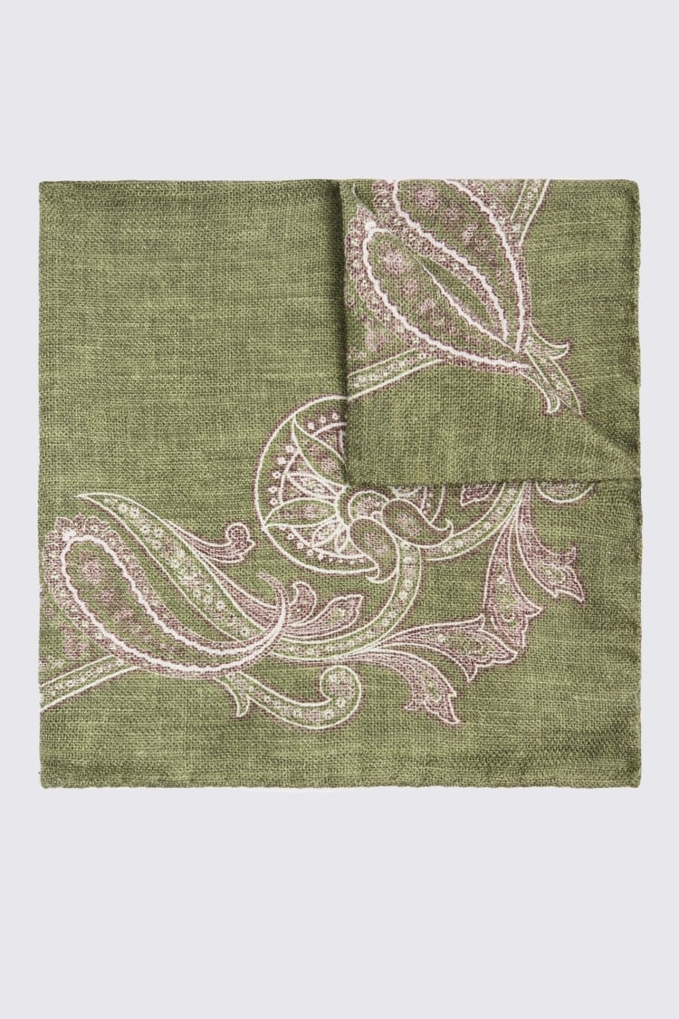 Bottinelli Olive & Dusty Pink Silk Paisley Pocket Square