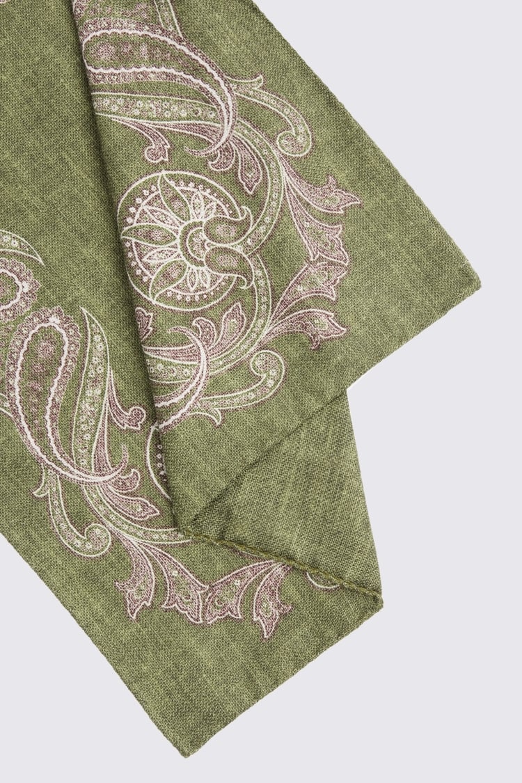 Bottinelli Olive & Dusty Pink Silk Paisley Pocket Square
