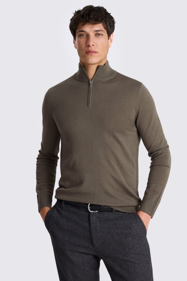 Dark Taupe Merino Zip-Neck Jumper