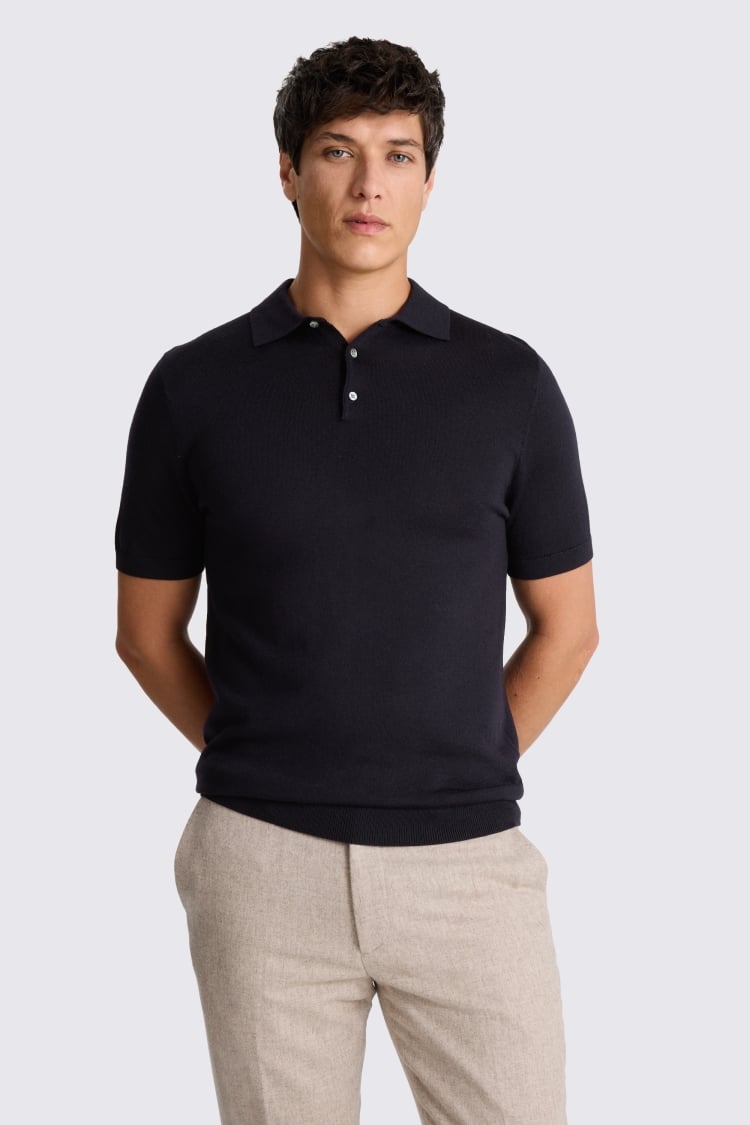 Navy Merino Knitted Polo Shirt