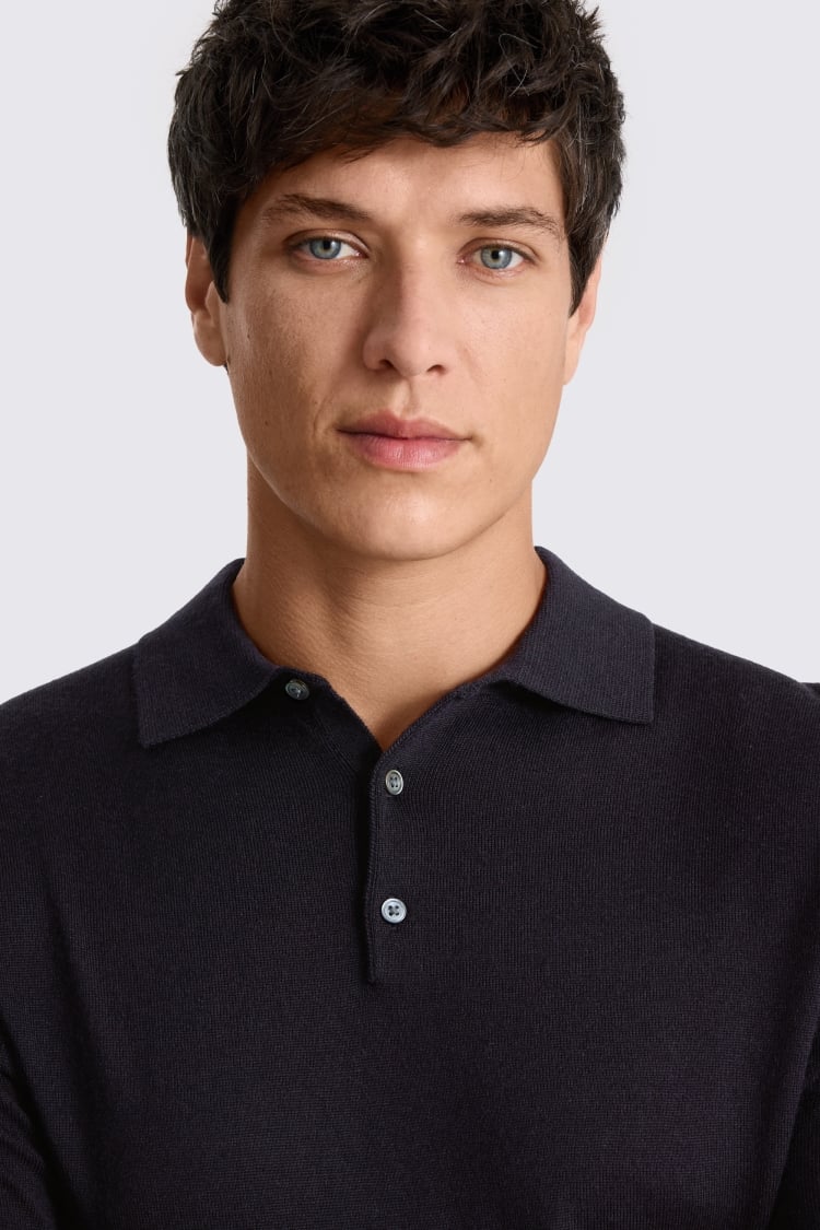 Navy Merino Knitted Polo Shirt