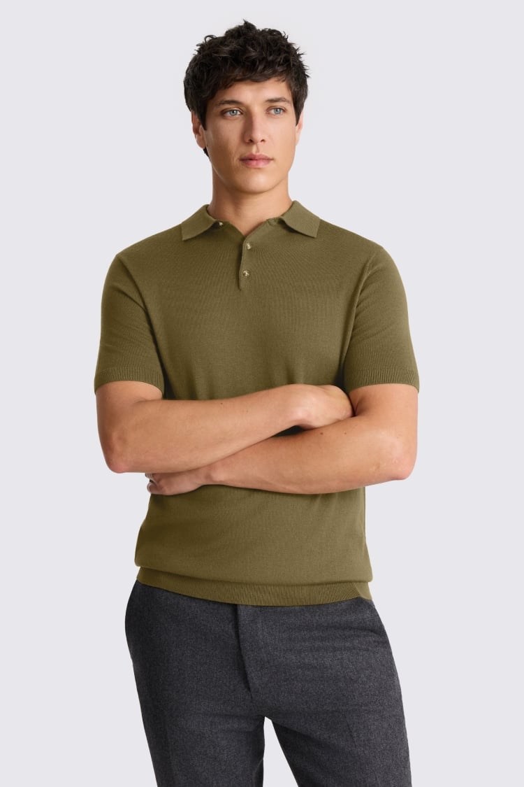 Olive Merino Knitted Polo Shirt