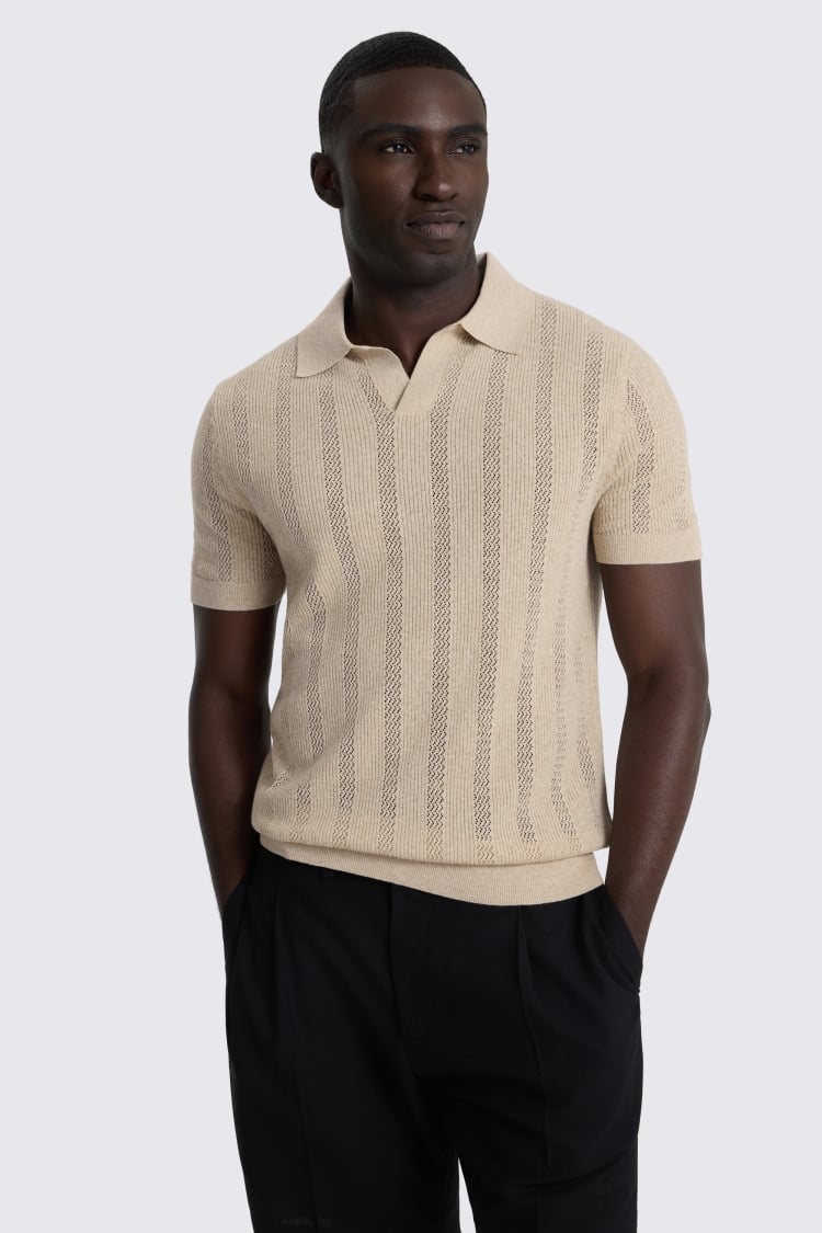 Light Beige Pointelle Linen-Blend Skipper Polo Shirt