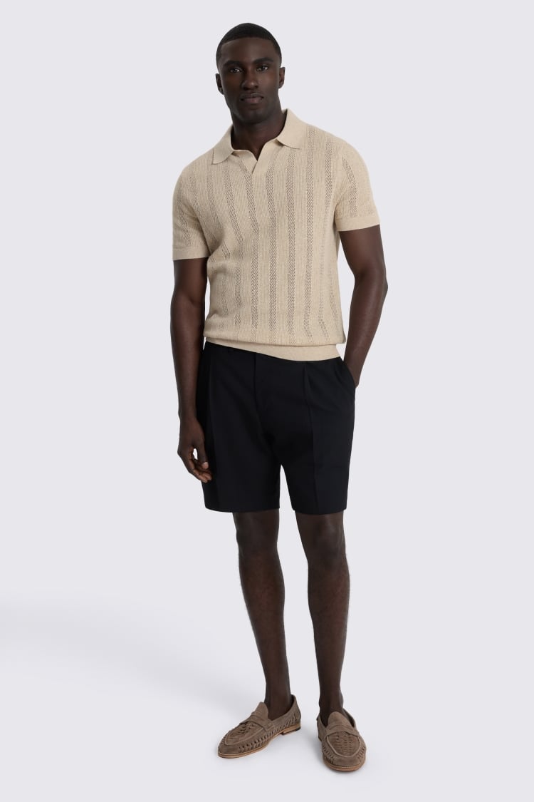 Light Beige Pointelle Linen-Blend Skipper Polo Shirt