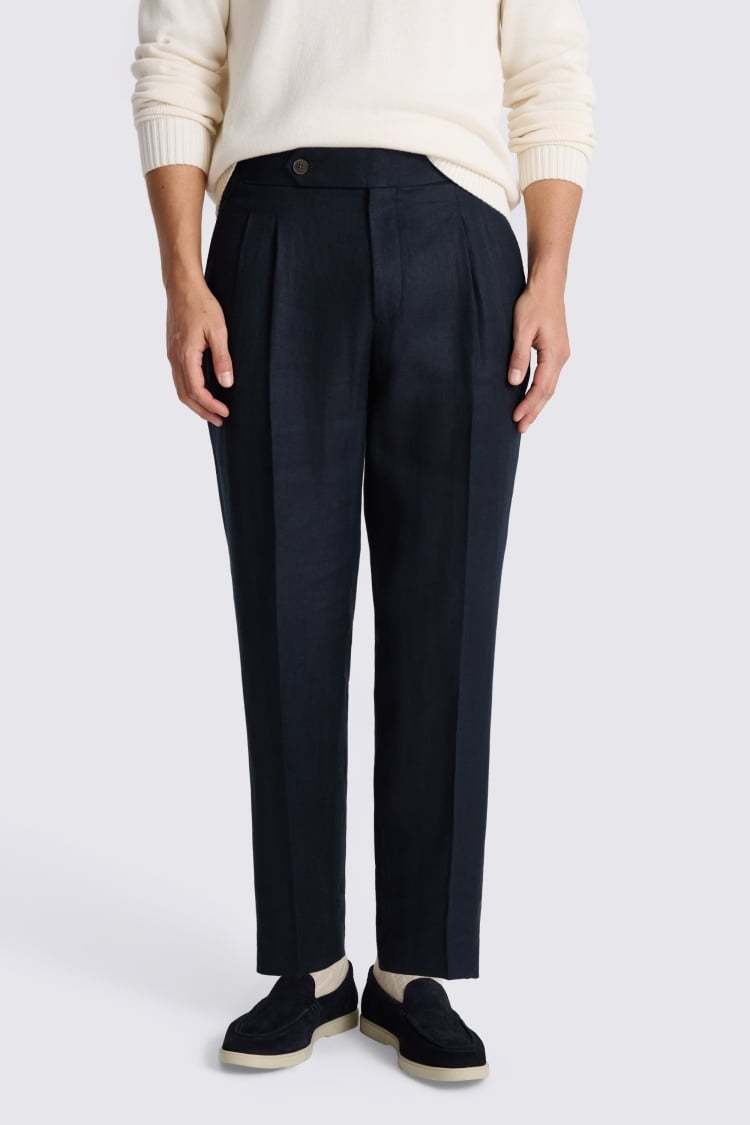 Navy Linen Pleated Pant