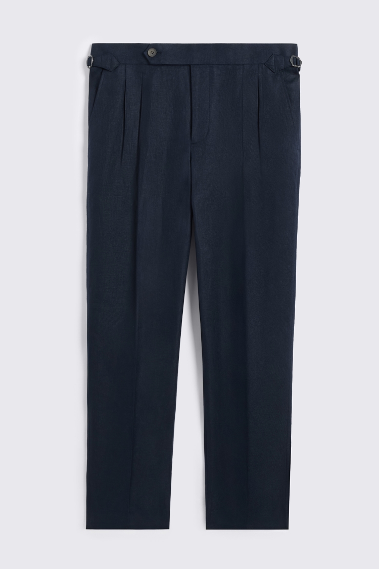 Navy Linen Pleated Trousers
