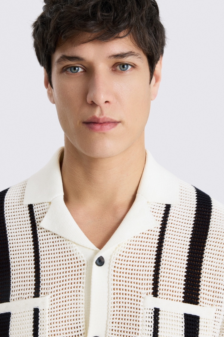 White And Navy Stripe Open Knit Cotton Shirt