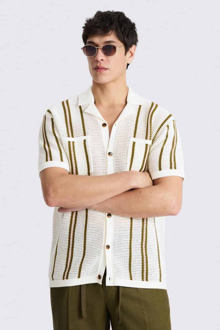 Ecru and Avocado Stripe Open Knit Shirt