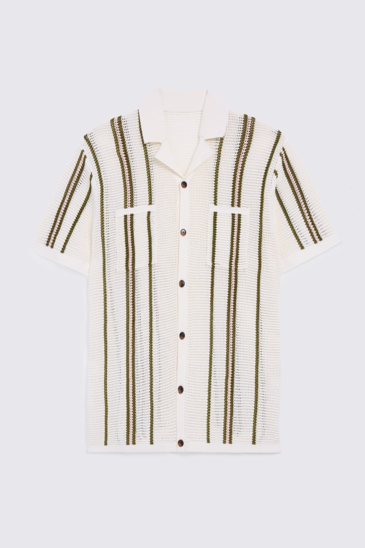 Ecru and Avocado Stripe Open Knit Shirt