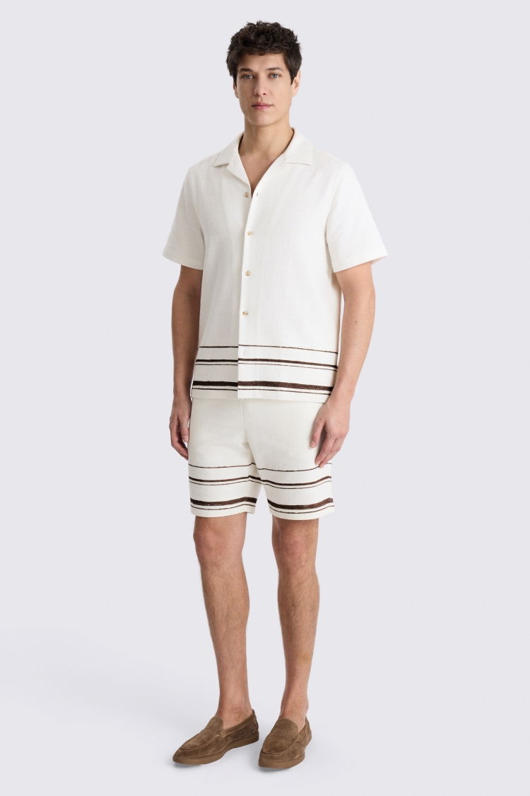 White Brown Stripe Cuban Collar Cotton Shirt