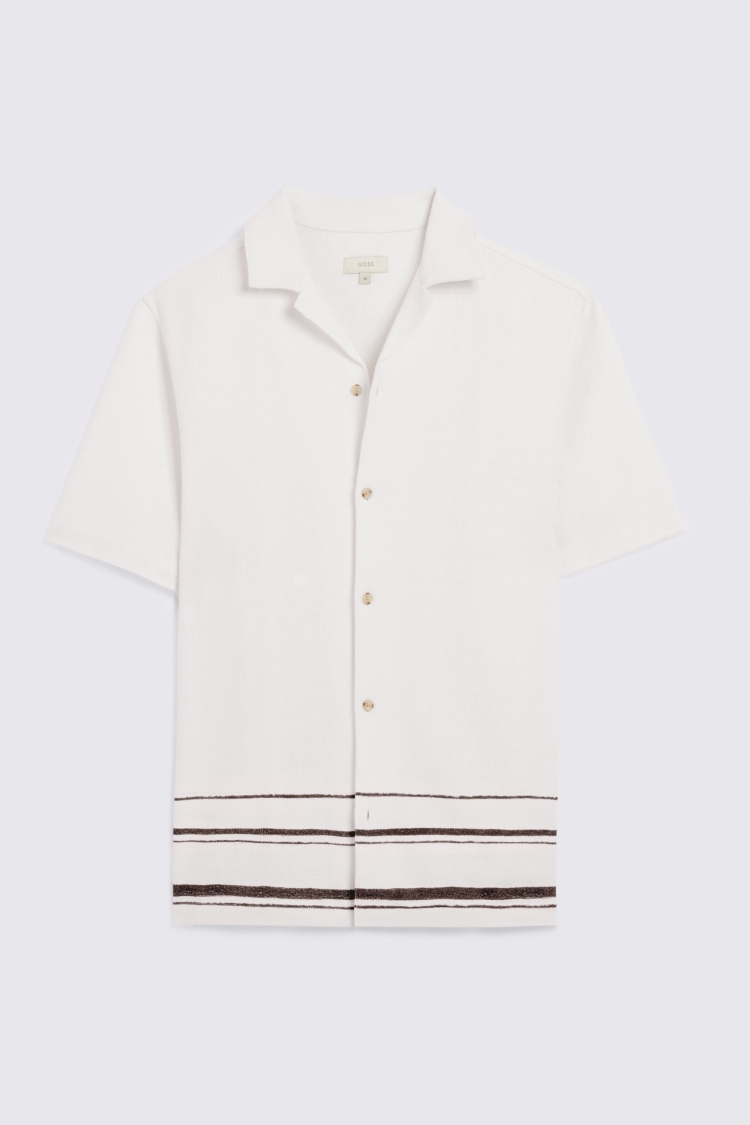 White Brown Stripe Cuban Collar Cotton Shirt
