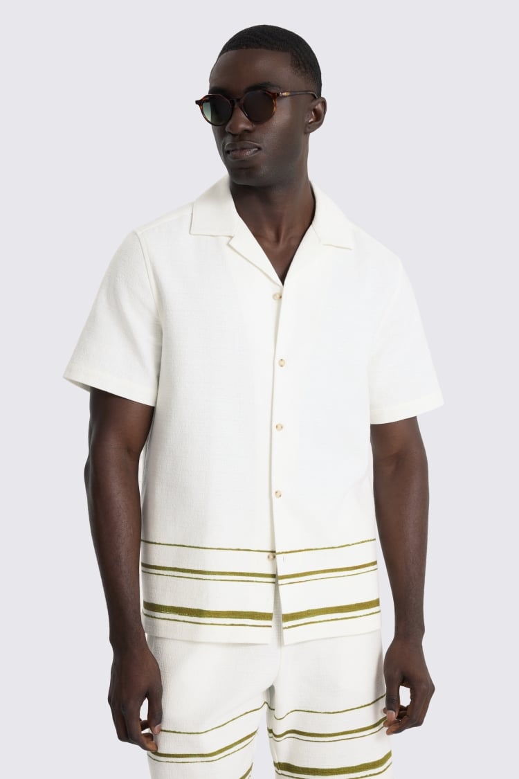 Olive Stripe Cotton Cuban Collar Shirt