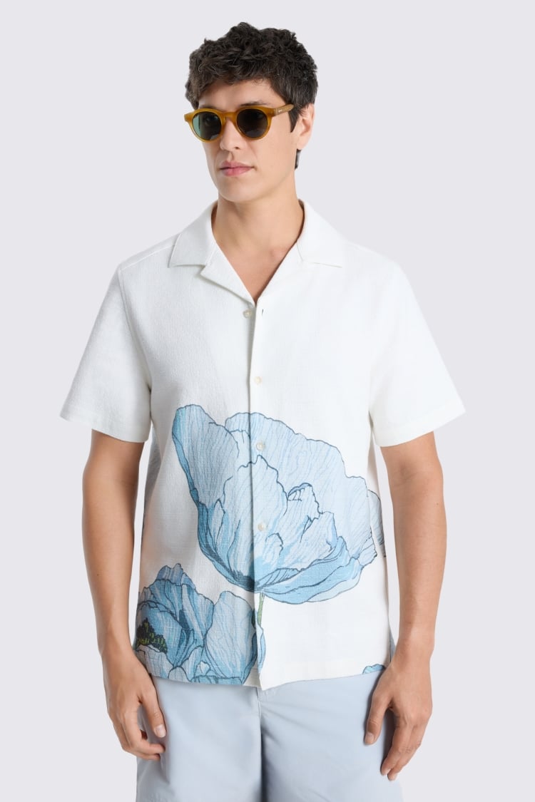 Blue Poppy Print Cuban Collar Cotton Shirt