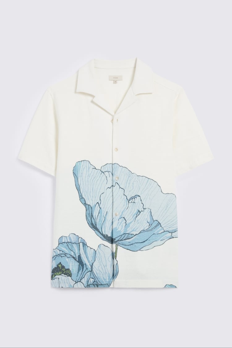 Blue Poppy Print Cuban Collar Cotton Shirt