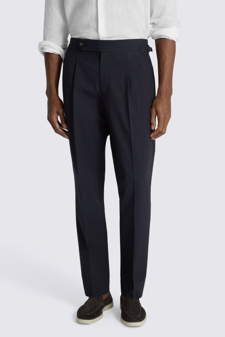 Navy Cotton Pleated Trousers