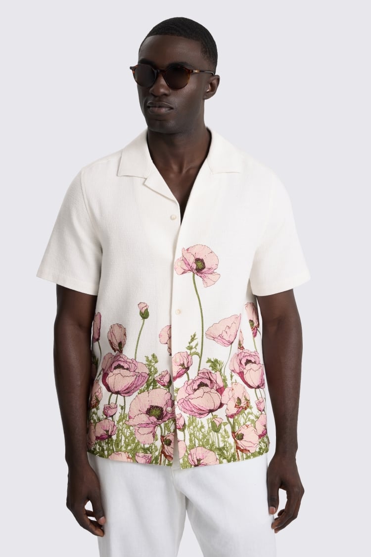 Pink Poppy Print Cuban Collar Cotton Shirt