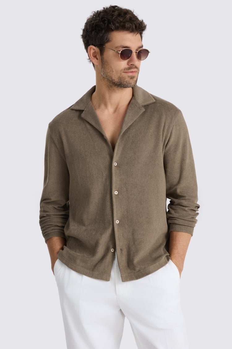 Taupe Terry Towelling Button Through Shirt