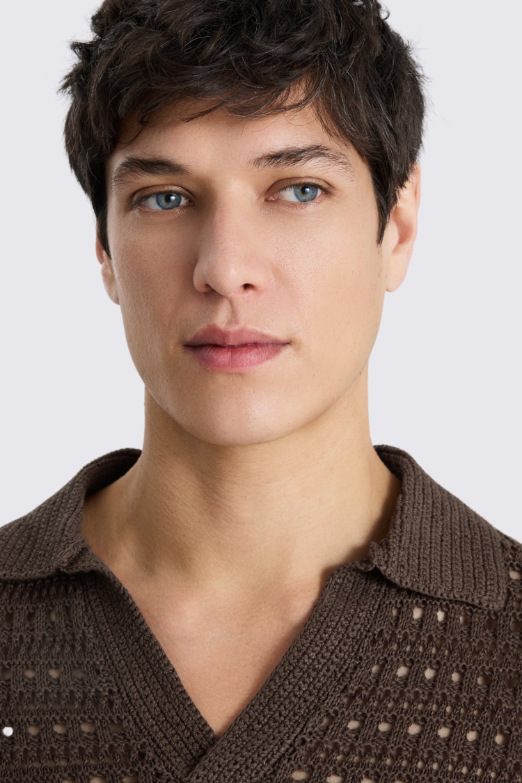 Brown Oversized Open Knit Skipper Shirt